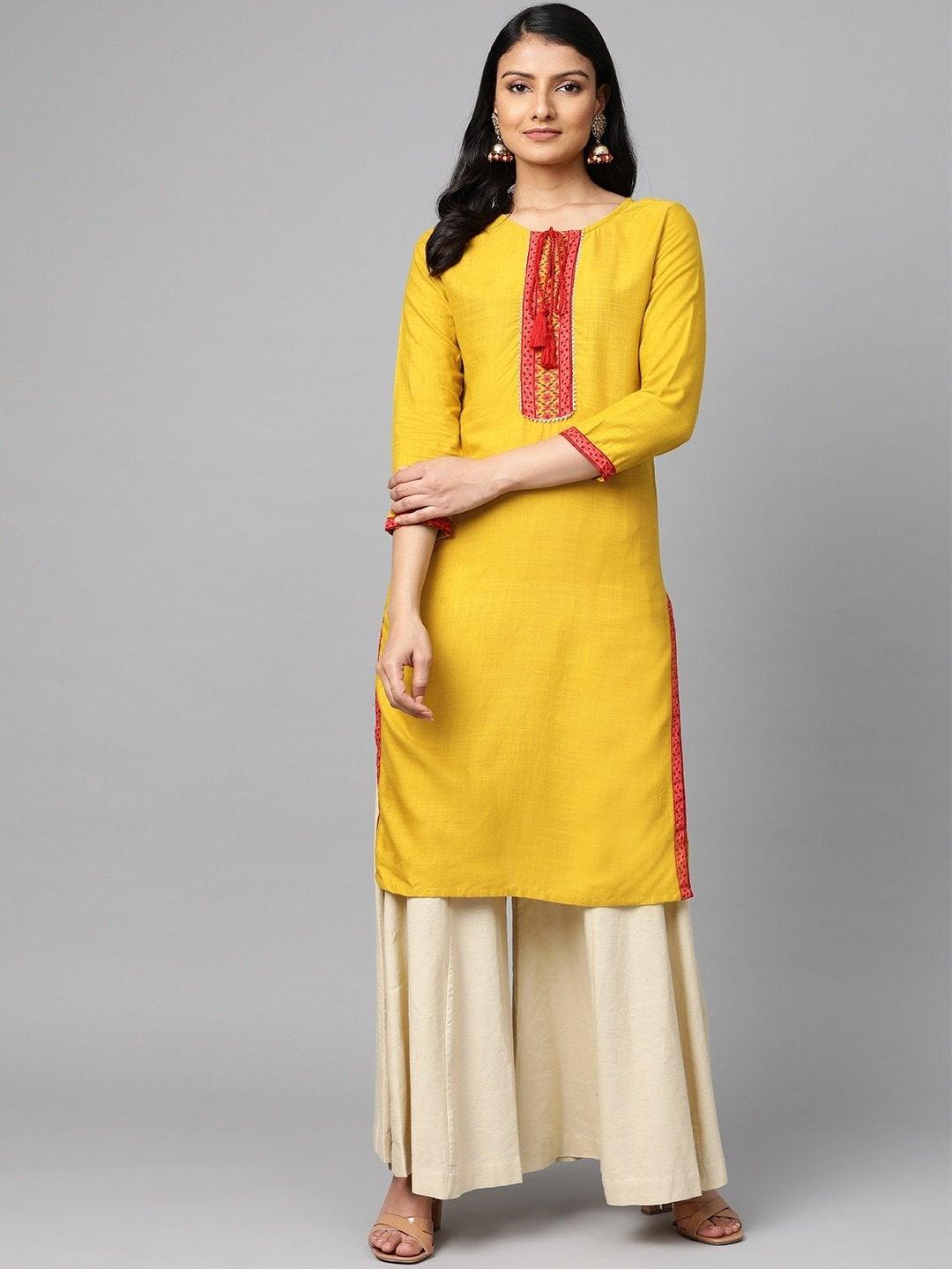 Women's Mustard Yellow & Pink Yoke Design Straight Kurta - Meeranshi - Indiakreations