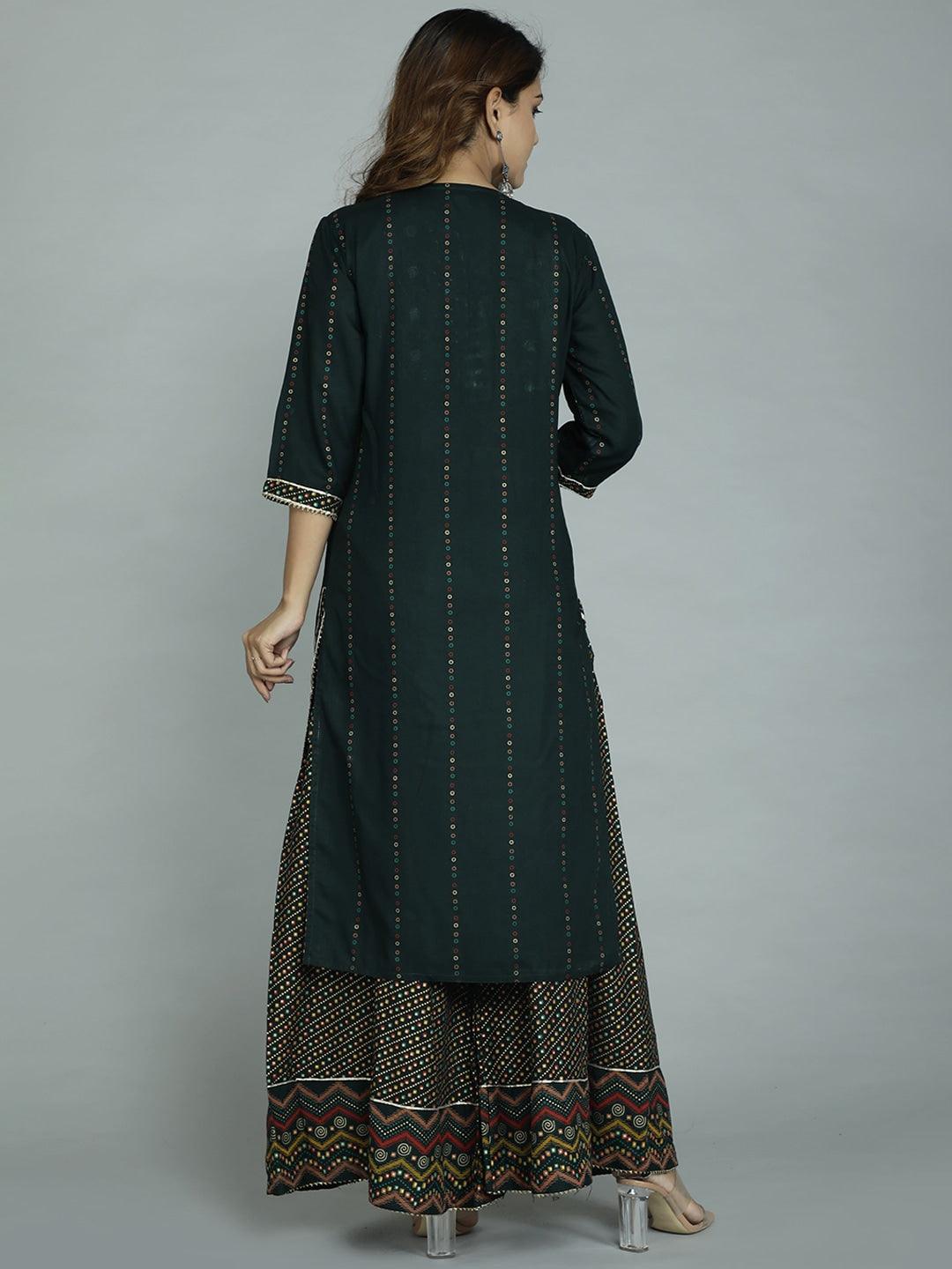 Women's Green Ethnic Motifs Embroidered Panelled Kurta With Sharara & With Dupatta - Noz2Toz - Indiakreations