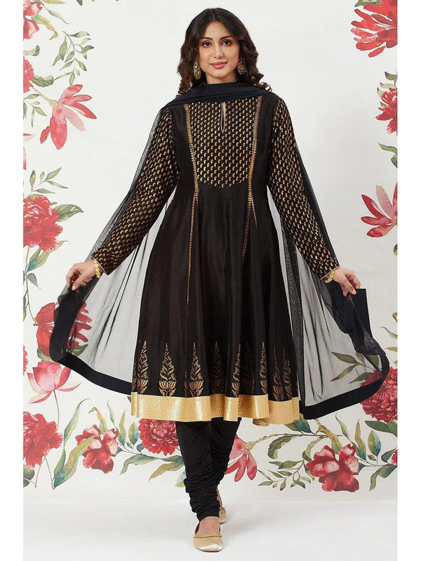 Women's Rohit Bal Black Printed Cotton Silk Anarkali Suit Set (Set of 3) - BIBA - Indiakreations