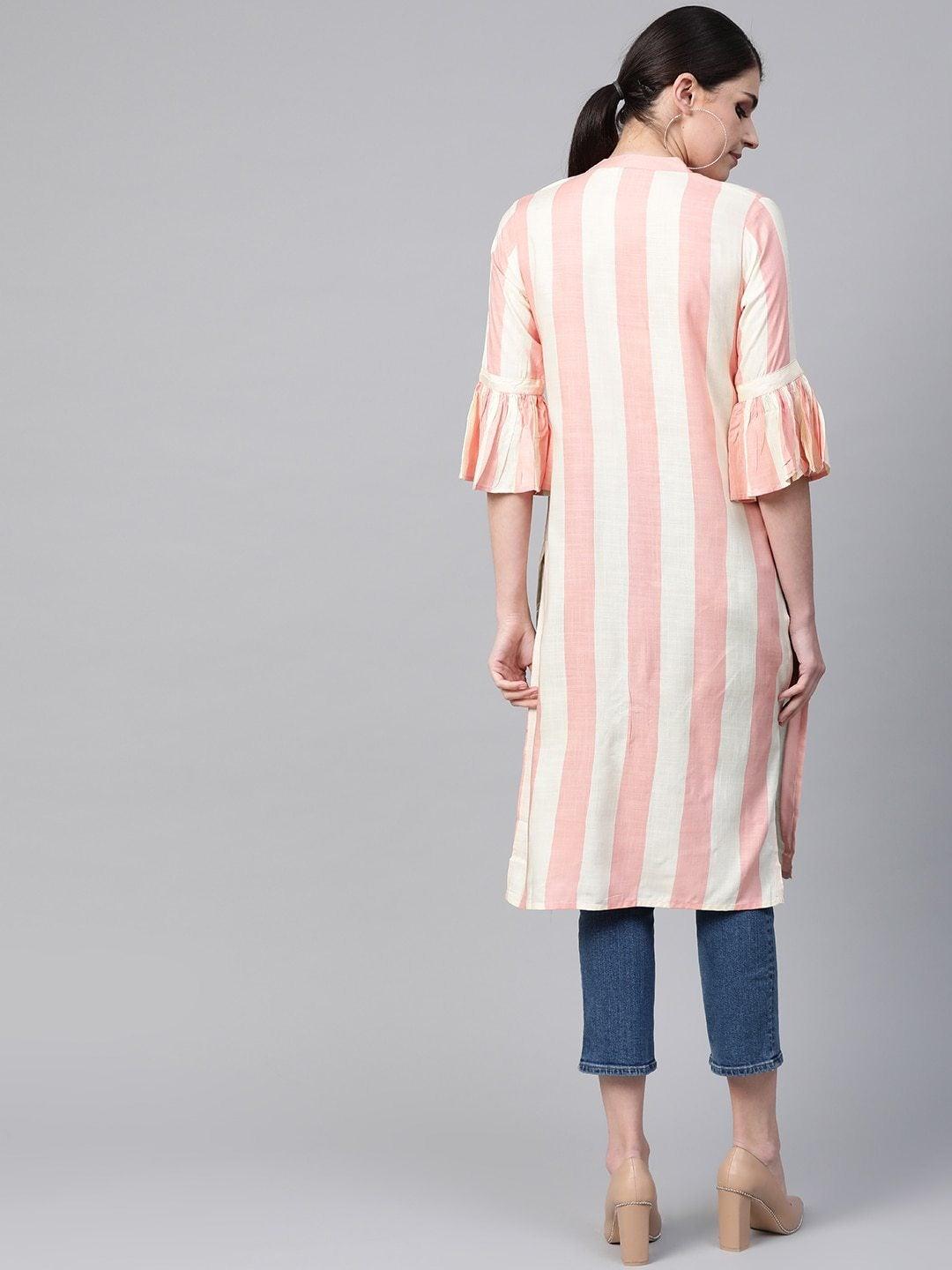 Women's Cream-Coloured & Pink Striped Straight Kurta - Meeranshi - Indiakreations