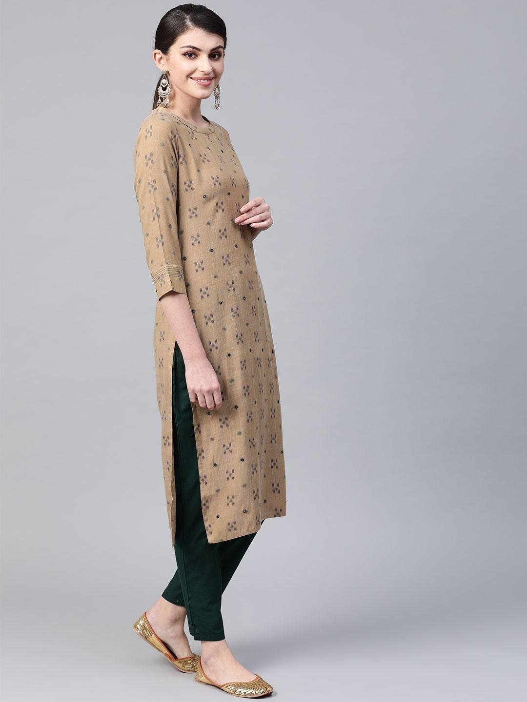 Women's Beige & Green Woven Design Kurta with Trousers - Meeranshi - Indiakreations