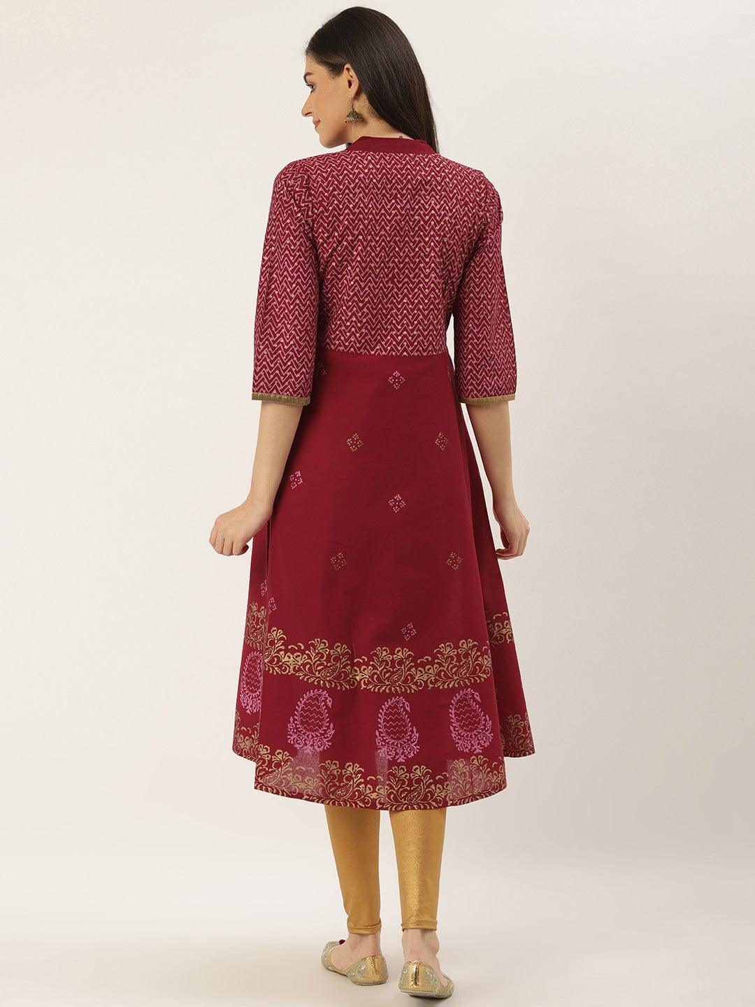 Women's Maroon Printed Anarkali Kurta - NOZ2TOZ - Indiakreations