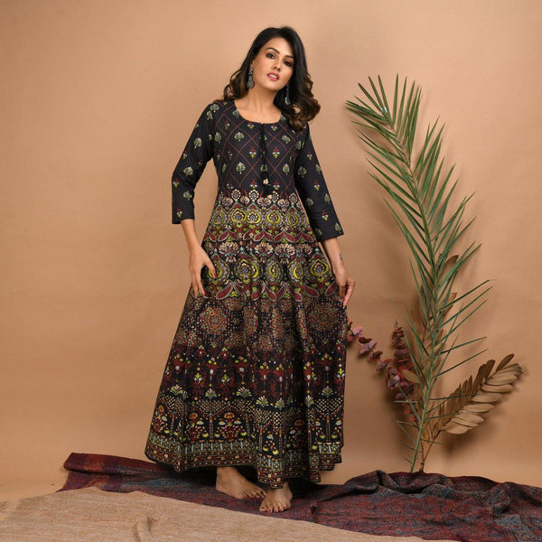 Women's Black Gold Printed Ethnic Kurta - KAAJH