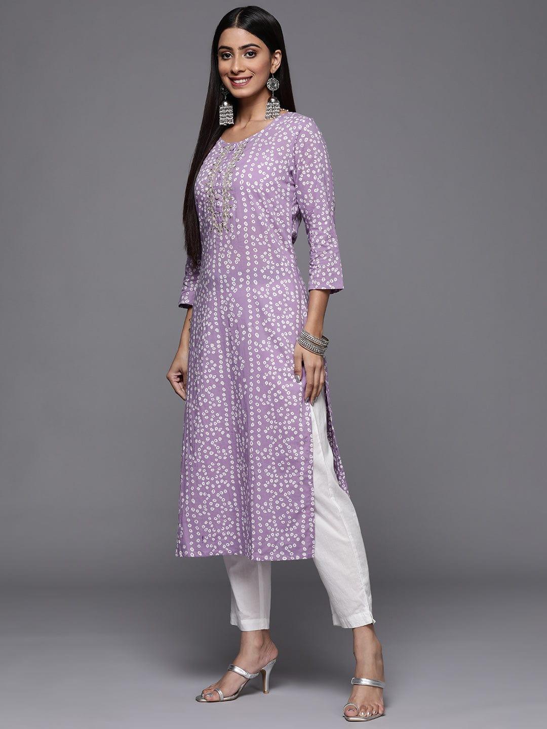 Varanga Women Lavender & White Bandhani Printed Gotta Patti Cotton Straight Kurta - Indiakreations