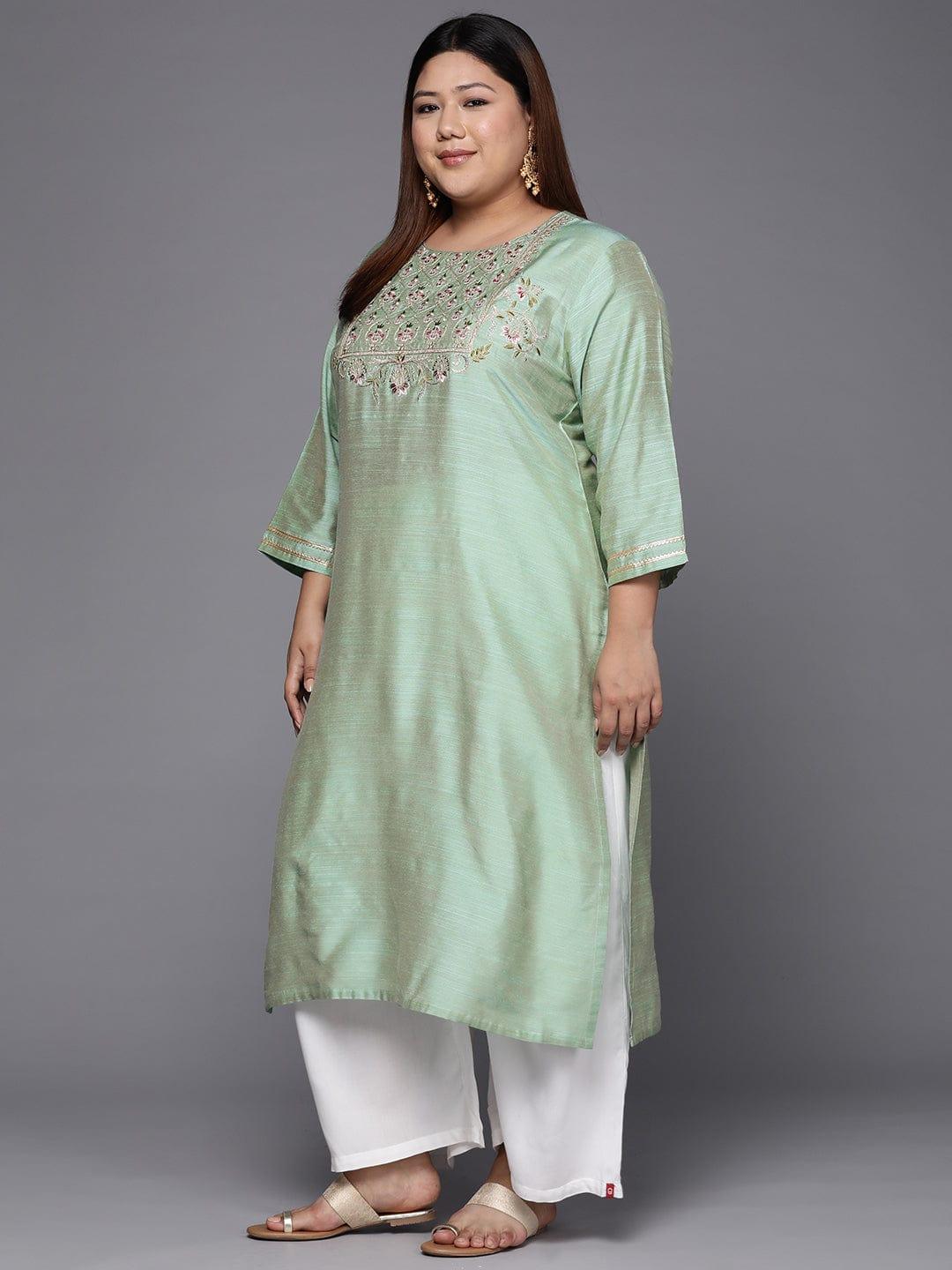 Varanga Women Plus Size Sea Green Floral Embroidered Thread Work Kurta - Indiakreations