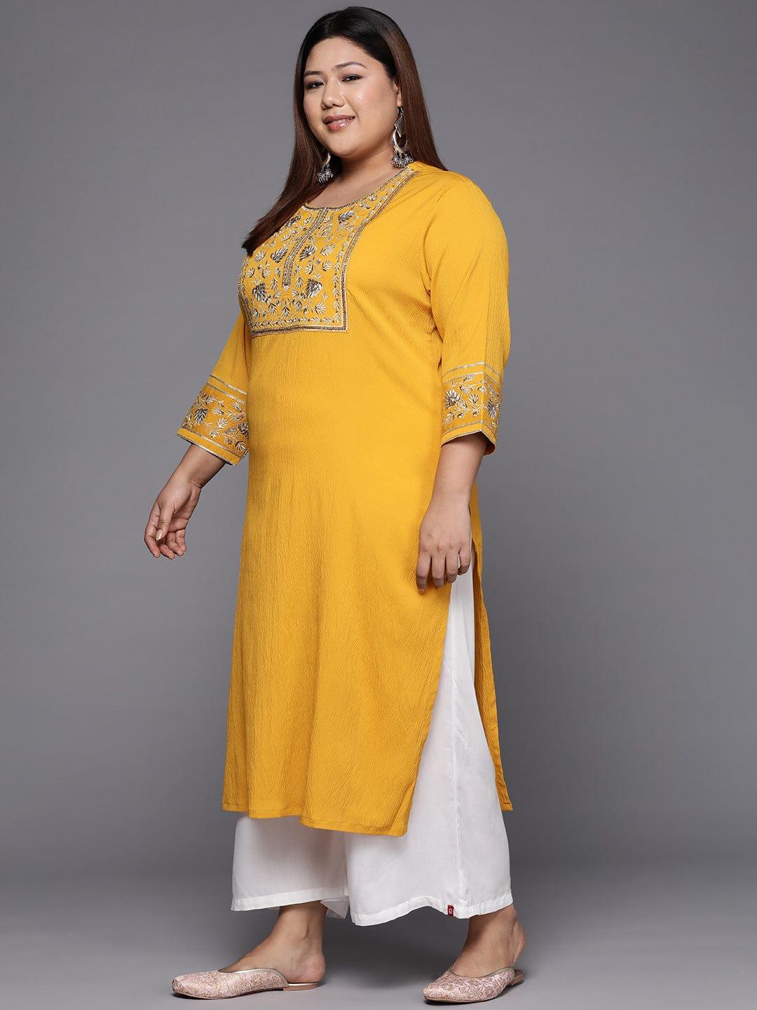 Varanga Women Plus Size Yellow & Gold-Toned Floral Embroidered Crepe Kurta - Indiakreations