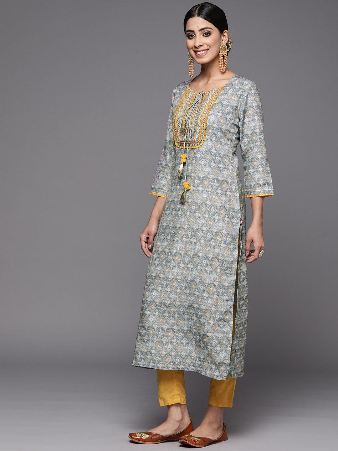 Varanga Women Grey & Mustard Yellow Ethnic Motifs Printed Thread Work Kurta - Indiakreations