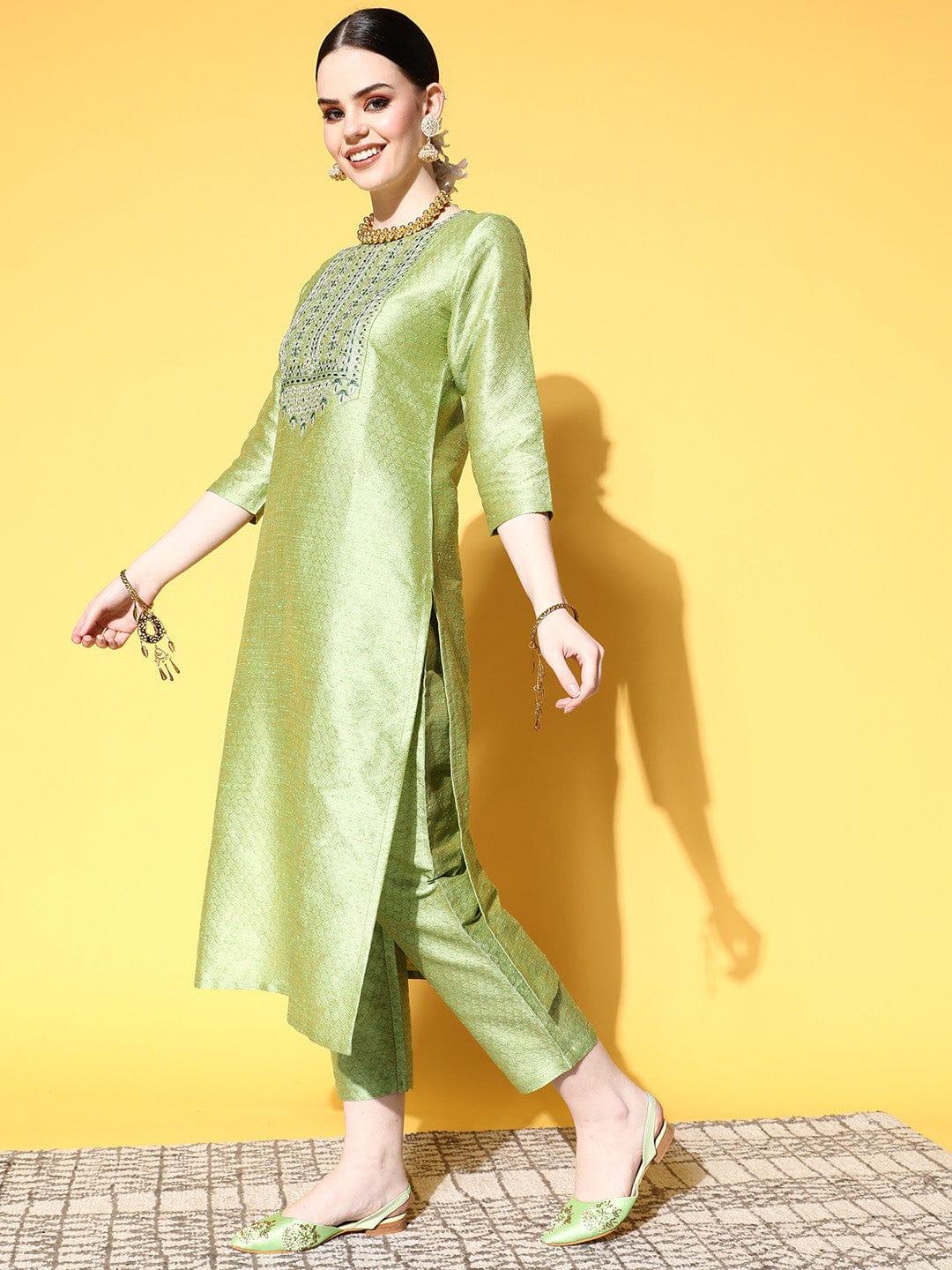 Varanga Women Green Ethnic Motifs Gotta Patti Kurta with Trousers & With Dupatta - Indiakreations