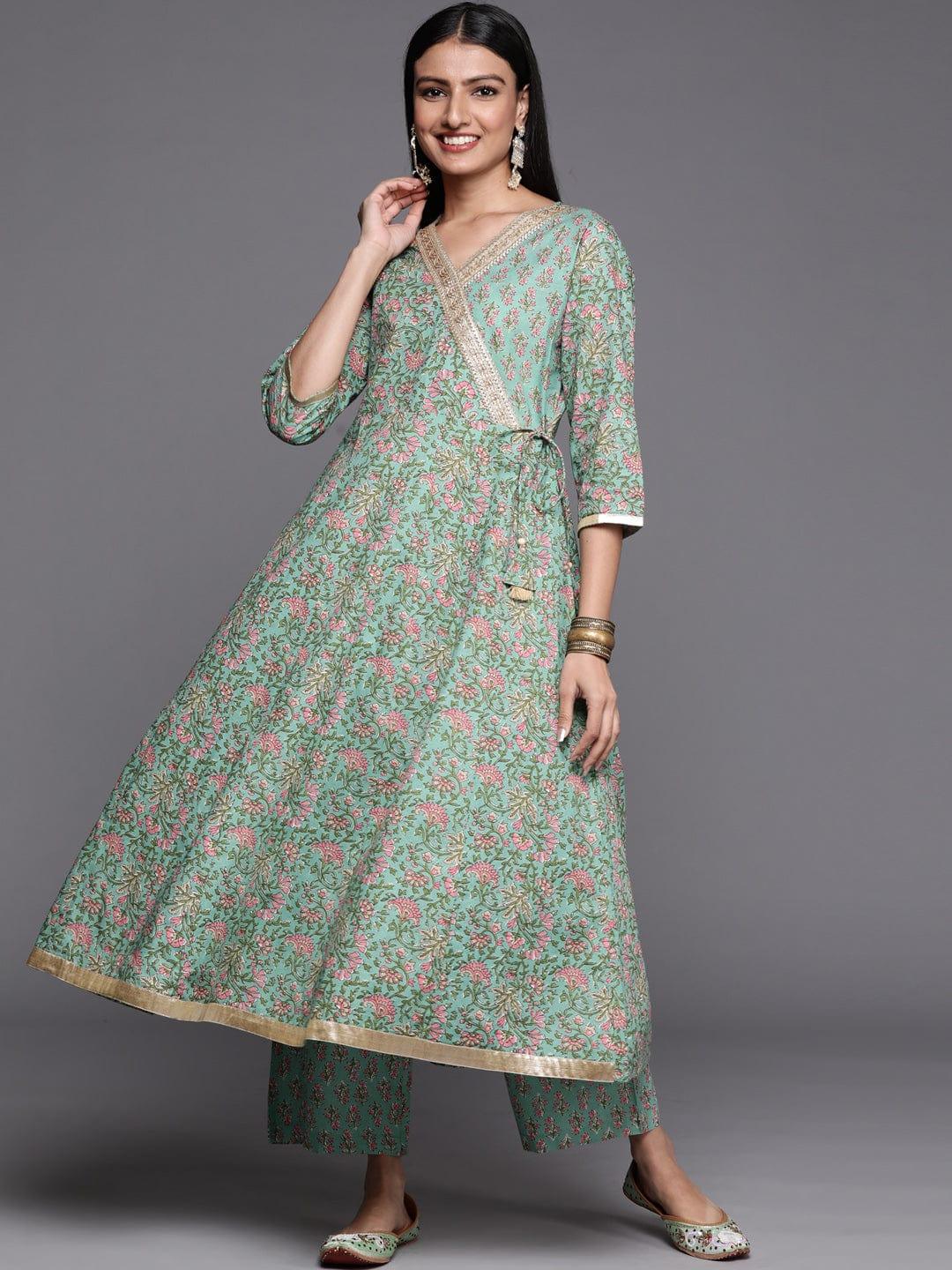 Varanga green floral printed anarkali kurta paired with straight palazzo - Indiakreations