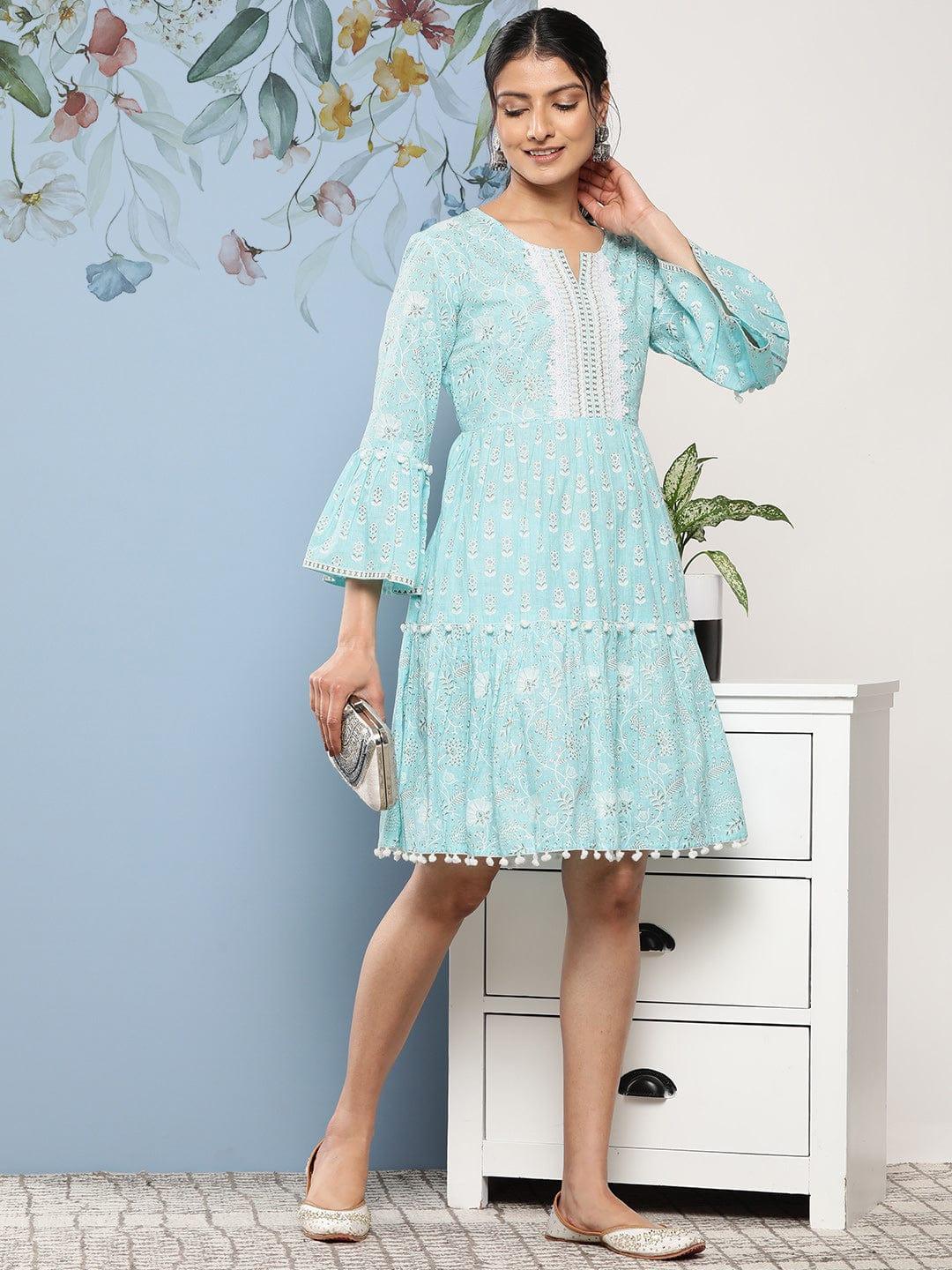 Varanga Blue & White Floral A-Line Dress - Indiakreations