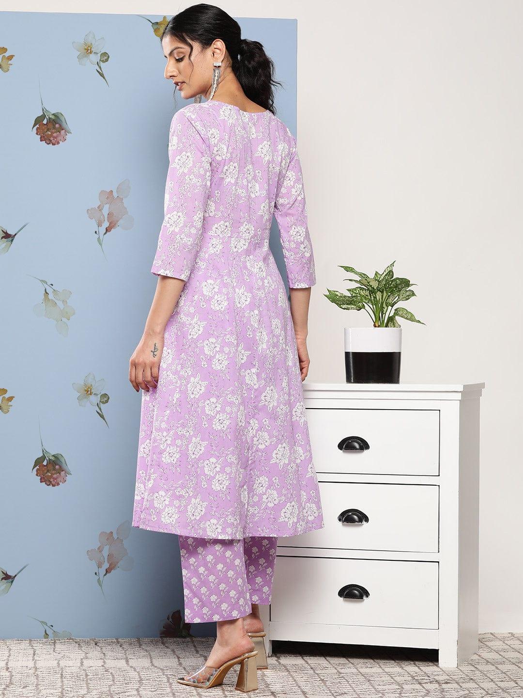 Varanga Women Purple Floral Printed Empire Gotta Patti Pure Cotton Kurta with Trousers - Indiakreations