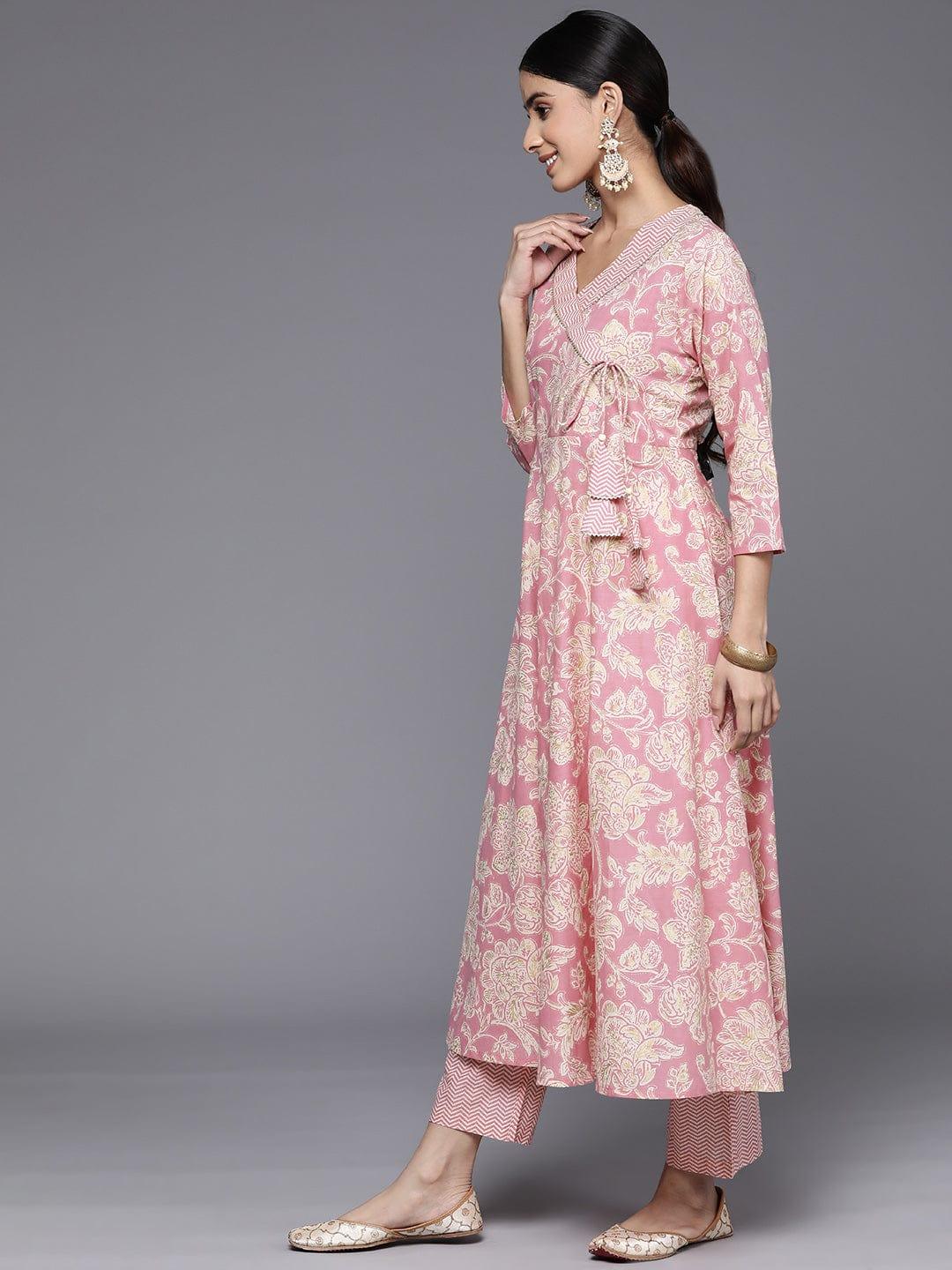 Varanga Floral Printed Angrakha Gotta Patti Pure Cotton Kurta With Trousers - Indiakreations