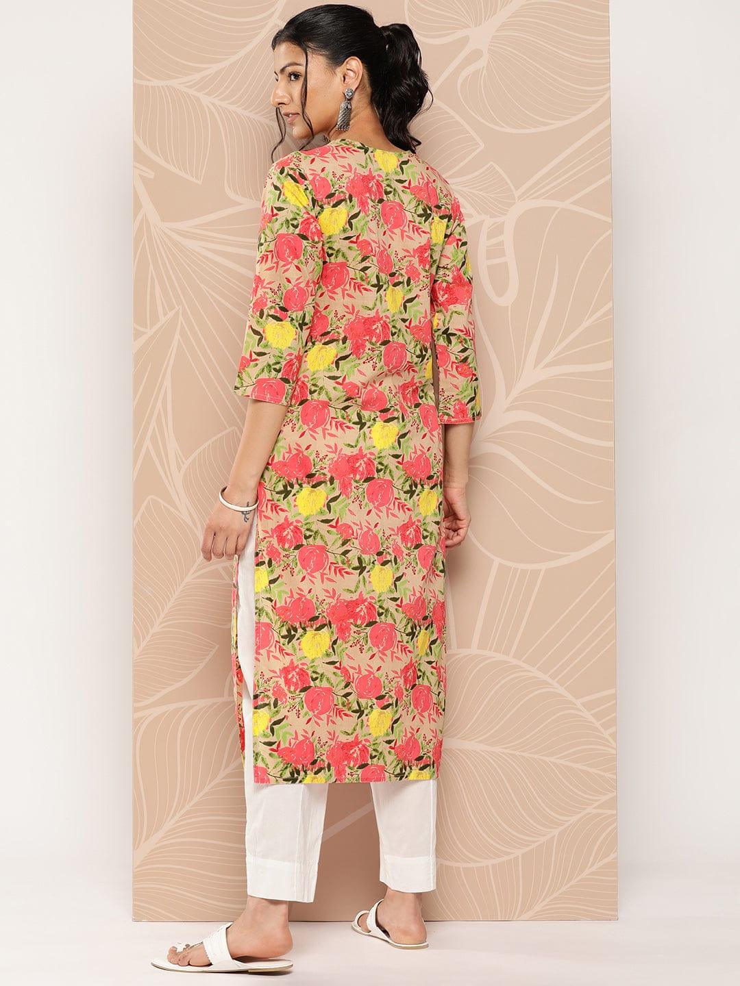 Varanga Women Beige & Pink Floral Printed Floral Kurta - Indiakreations