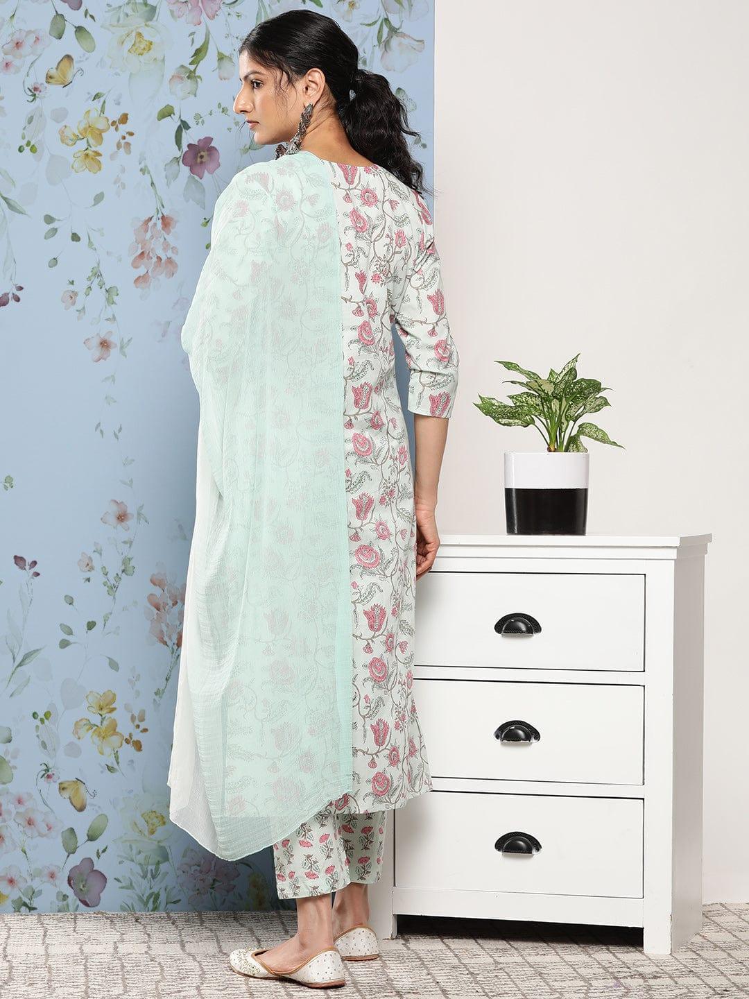 Varanga Women Blue Floral Printed Gotta Patti Pure Cotton Kurta with Trousers & With Dupatta - Indiakreations