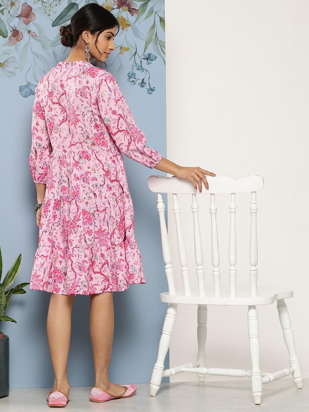 Varanga Pink & Blue Floral A-Line Dress - Indiakreations