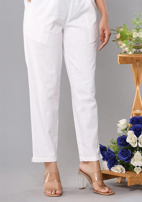 Women White Cotton Straight Trouser - Indiakreations