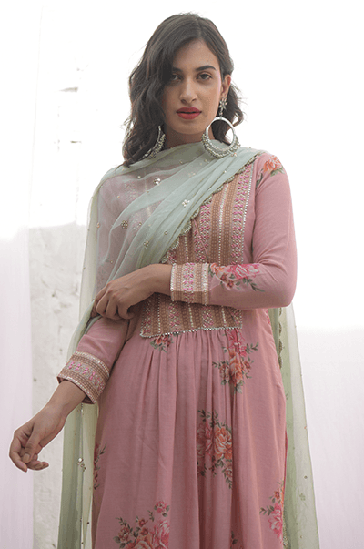 Ambara Soft Pink digital printed yoke kurta with palazzo and mint dupatta - RTS - Indiakreations