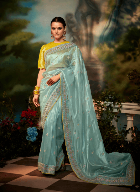 Embroidered Work Silk Fabric Luxurious Saree In Sky Blue Color - Indiakreations