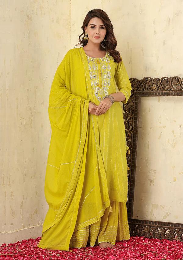 Yellow Lurex Cotton Kurta Sharara With Dupatta Set - Indiakreations