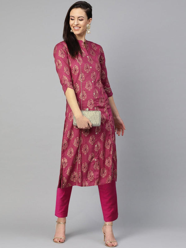 Women's Cotton Purple Foil Printed Gota Patti A-Line Kurta - Ishin - Indiakreations