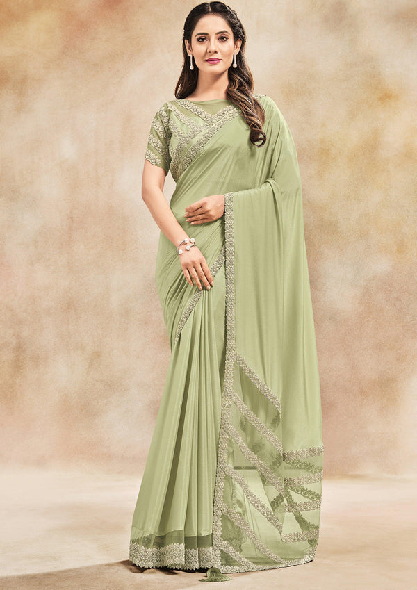 Fancy Party Wear Designer Saree In Green Colour - Indiakreations