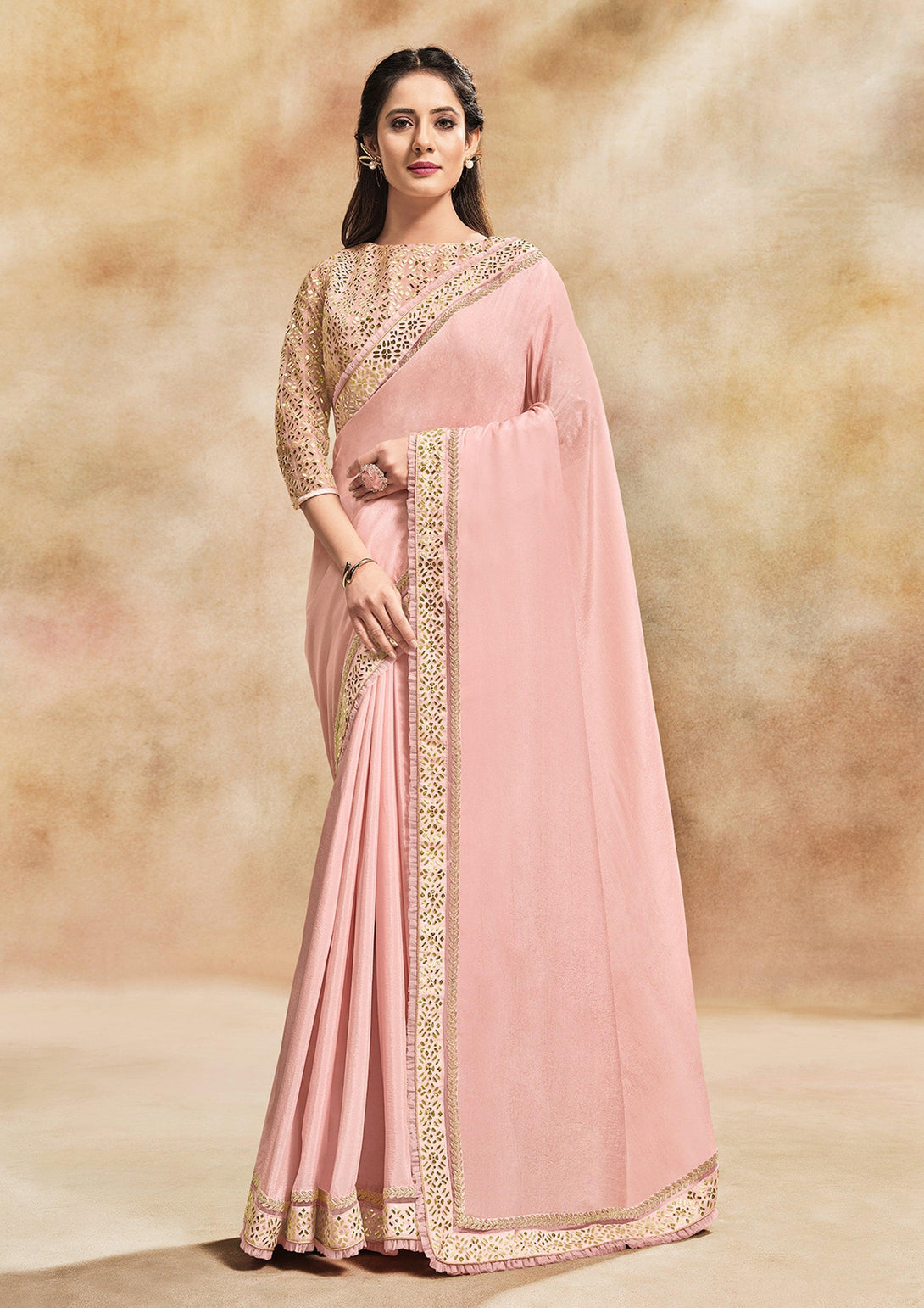 Gorgeous Reception Wear Georgette Base Pink Saree With Boat Neck Blouse - Indiakreations