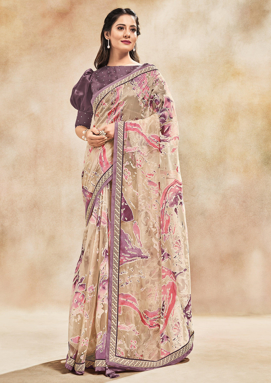 Trendy DesignerOrganza Embroidery Saree In Beige - Indiakreations