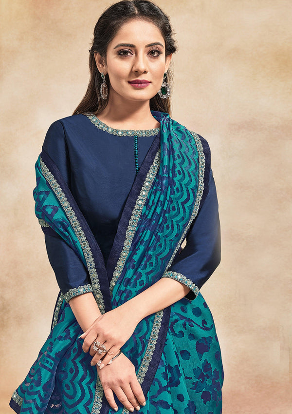 Beautiful Embroidered Designer Blue Printed Organza Saree - Indiakreations