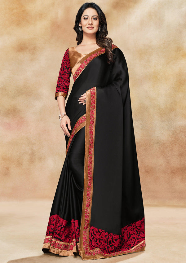 Gorgeous Trendy Satin Silk Designer Saree In Black - Indiakreations