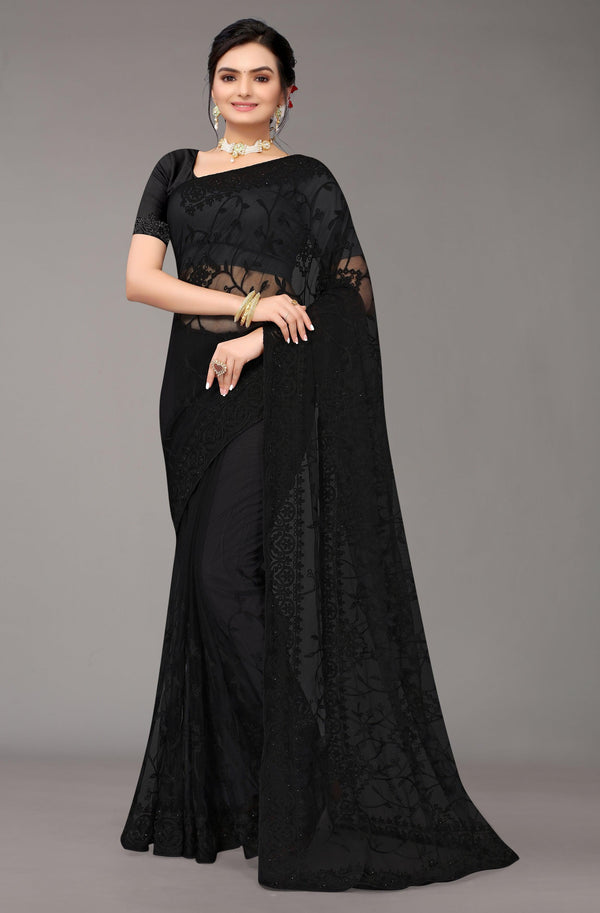 Solid Black Net Saree with Embroidery - Indiakreations