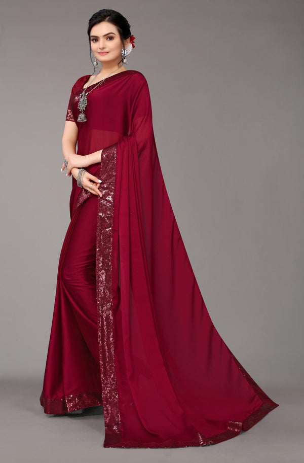 Satin Georgette Maroon Saree with Sequin Border - Indiakreations