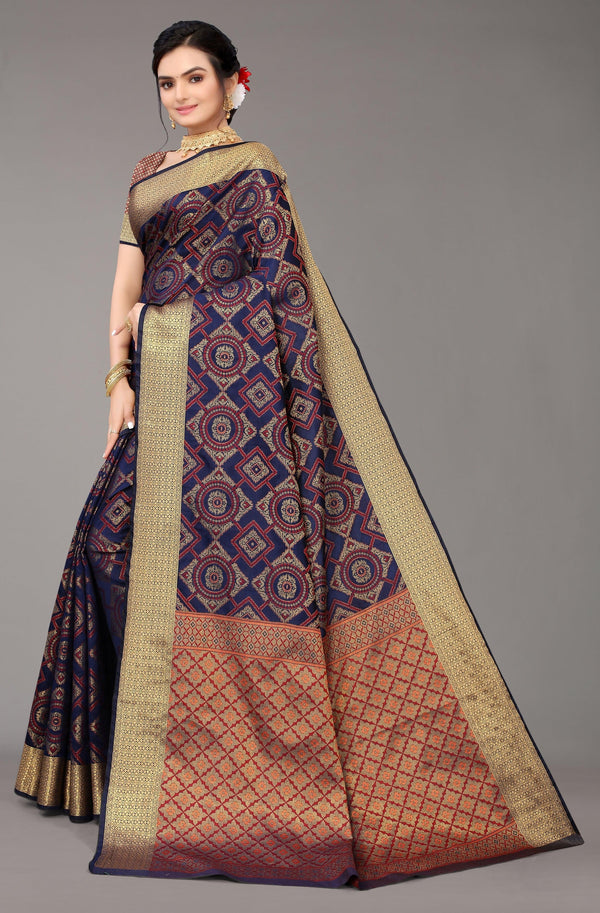 Silk Blend Navy Blue Saree with Woven Design - Indiakreations