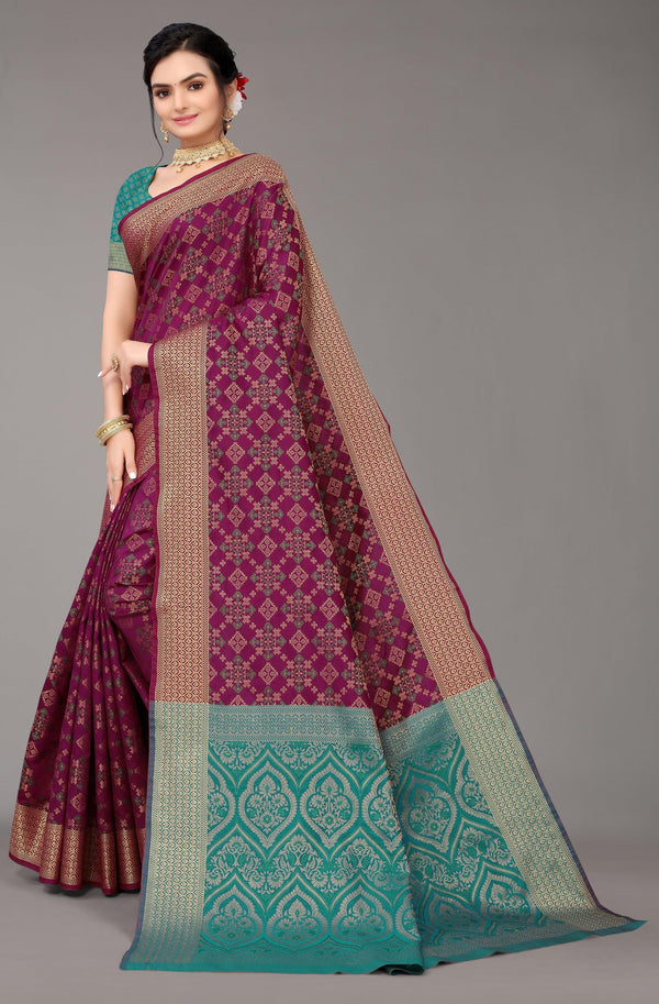 Silk Blend Purple Saree with Woven Design - Indiakreations
