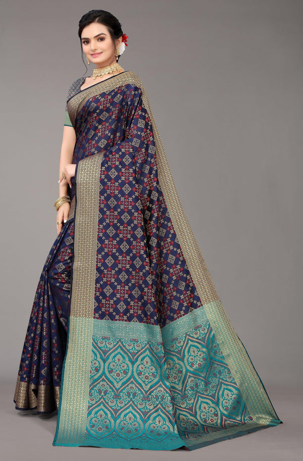 Silk Saree with Woven Design in Navy Blue - Indiakreations