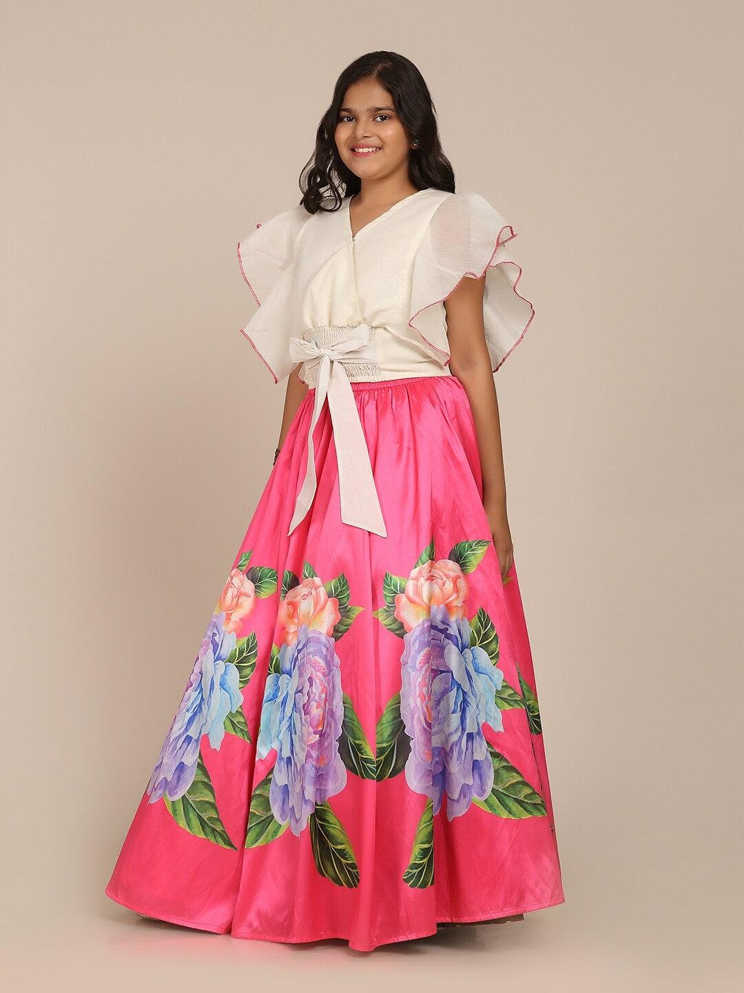 Girl's Pink & Green Ready to Wear Lehenga - NOZ2TOZ KIDS - Indiakreations