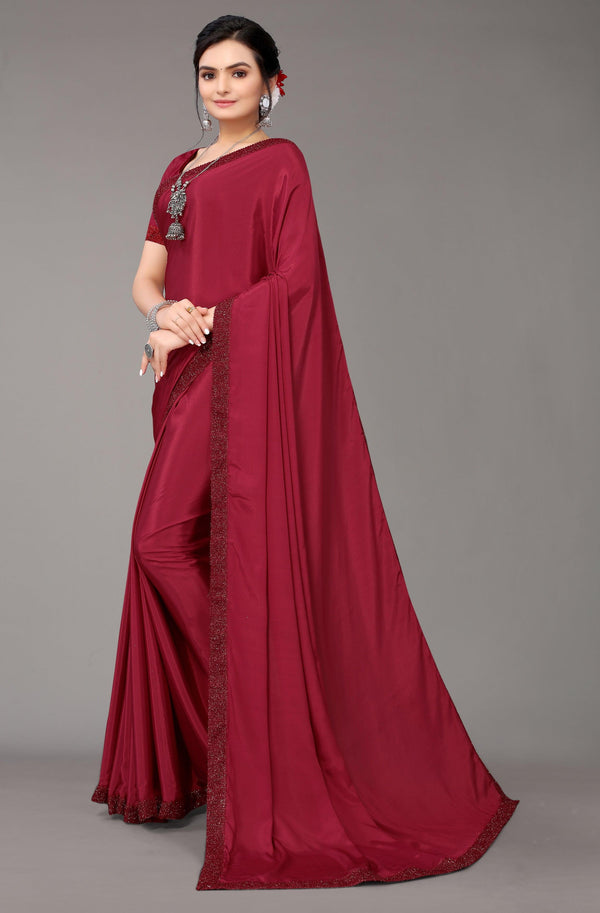 Satin Georgette Red Saree with Sequin Border - Indiakreations
