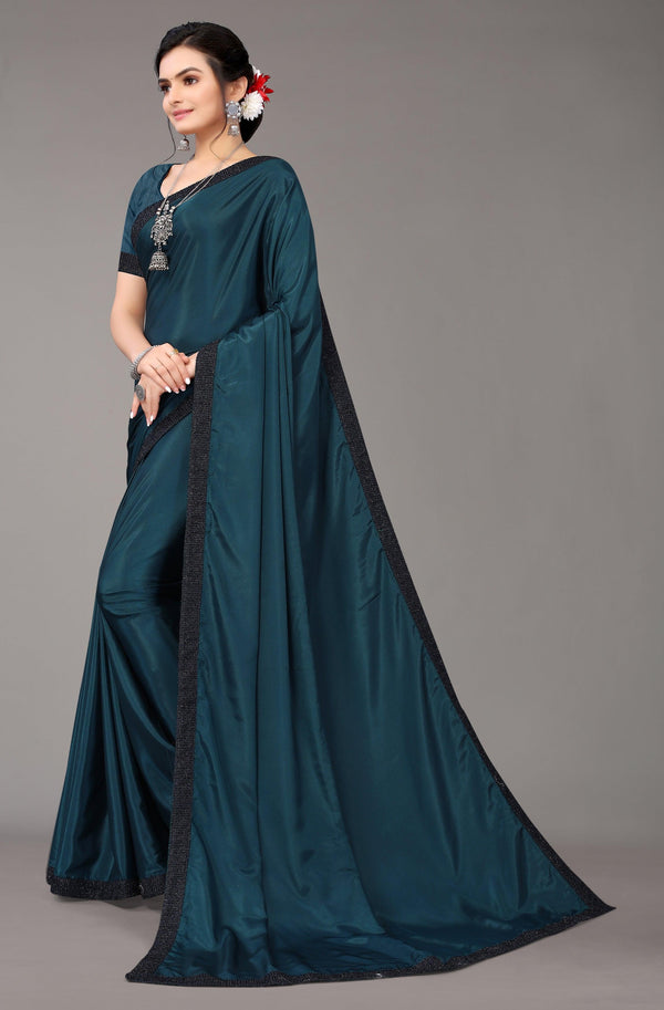 Satin Georgette Teal Saree with Sequin Border - Indiakreations