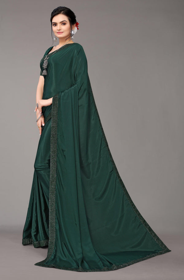 Satin Georgette Bottle Green Saree with Sequin Border - Indiakreations