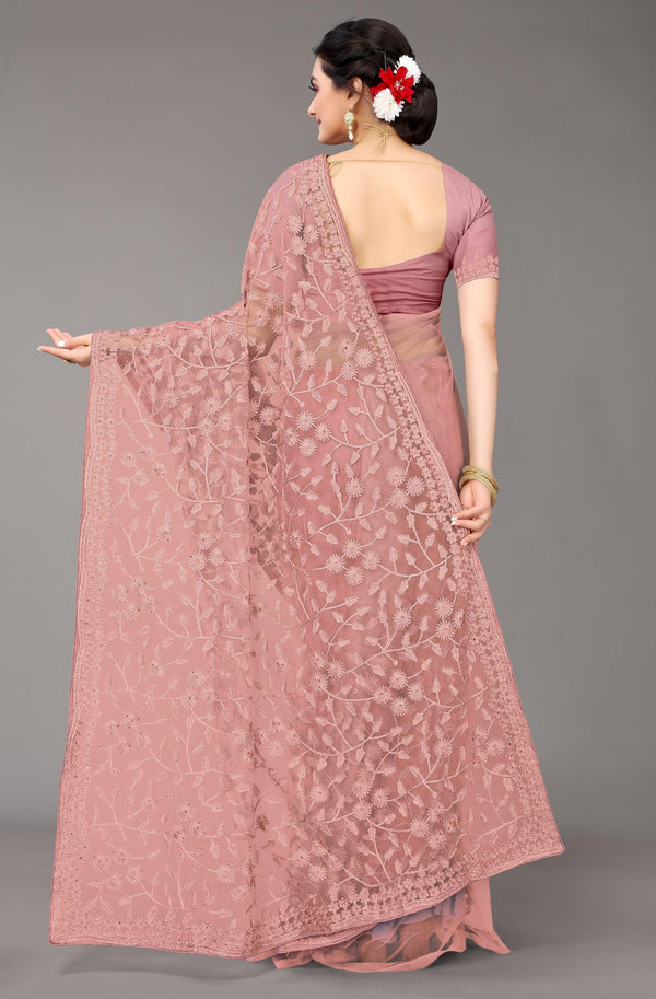 Dusty Pink Net Saree with Embroidery - Indiakreations