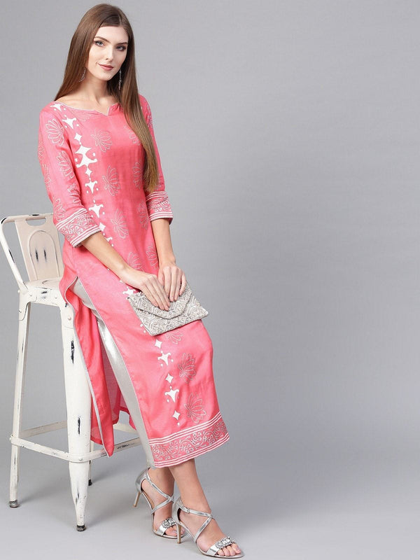 Women's Lotus Inspired V-Neck Printed Kurta - Pannkh