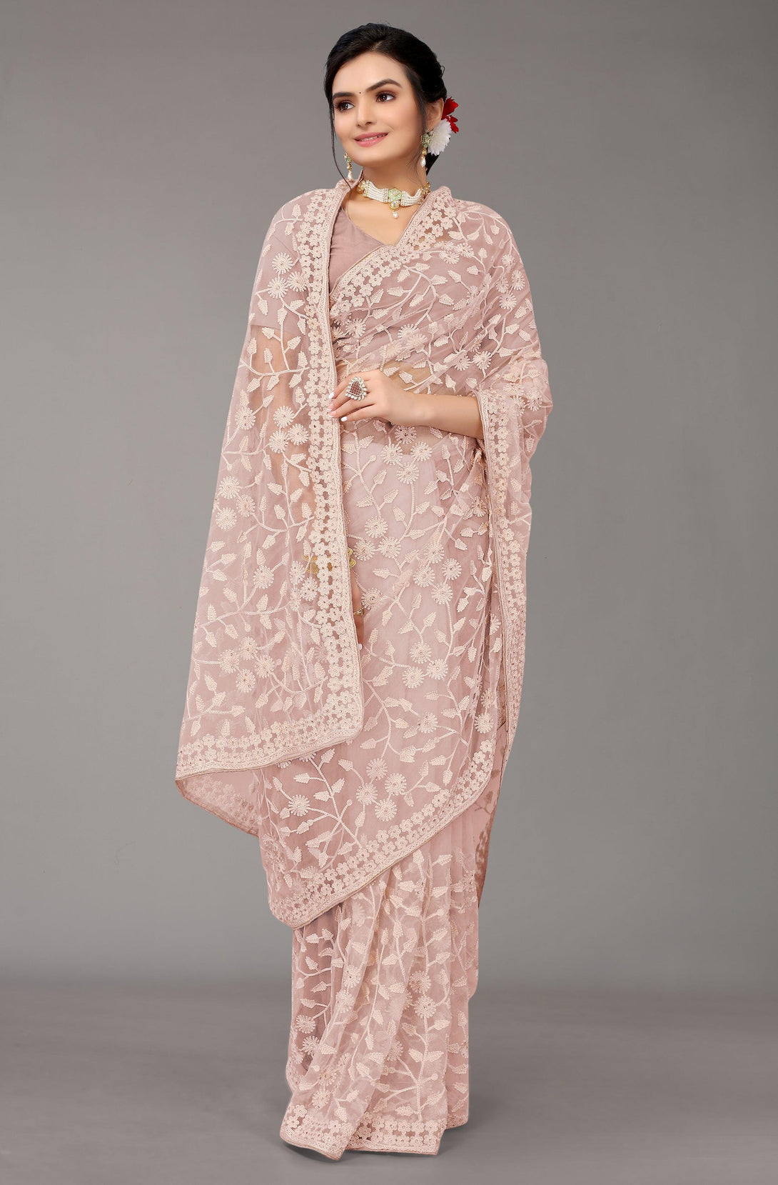 Cream Net Saree with Embroidery - Indiakreations