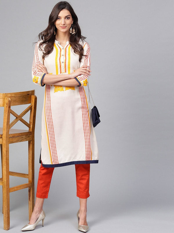 Women's Off-White Placement Printed Kurta - Pannkh