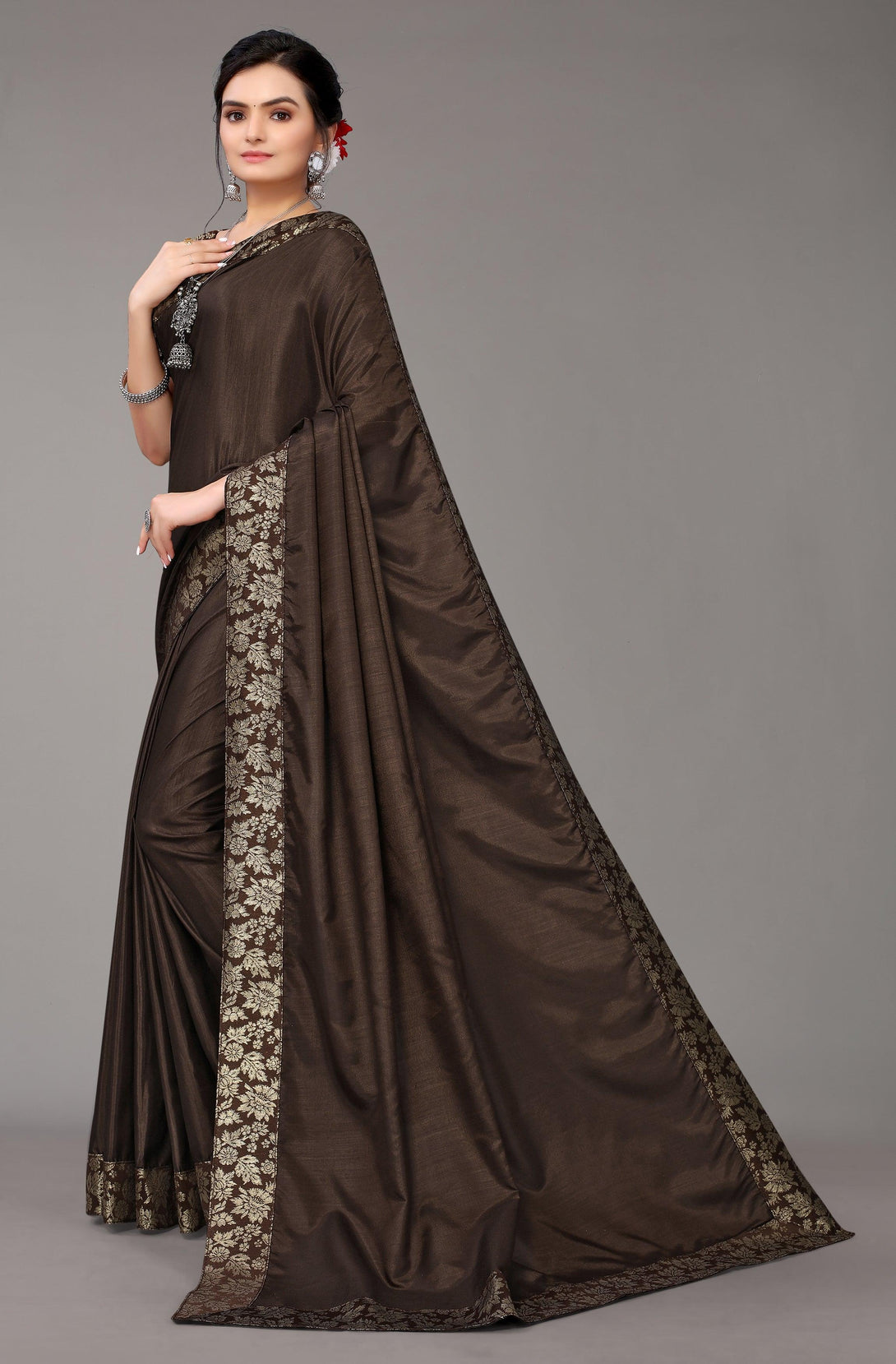 Brown Silk Saree with Woven Border - Indiakreations