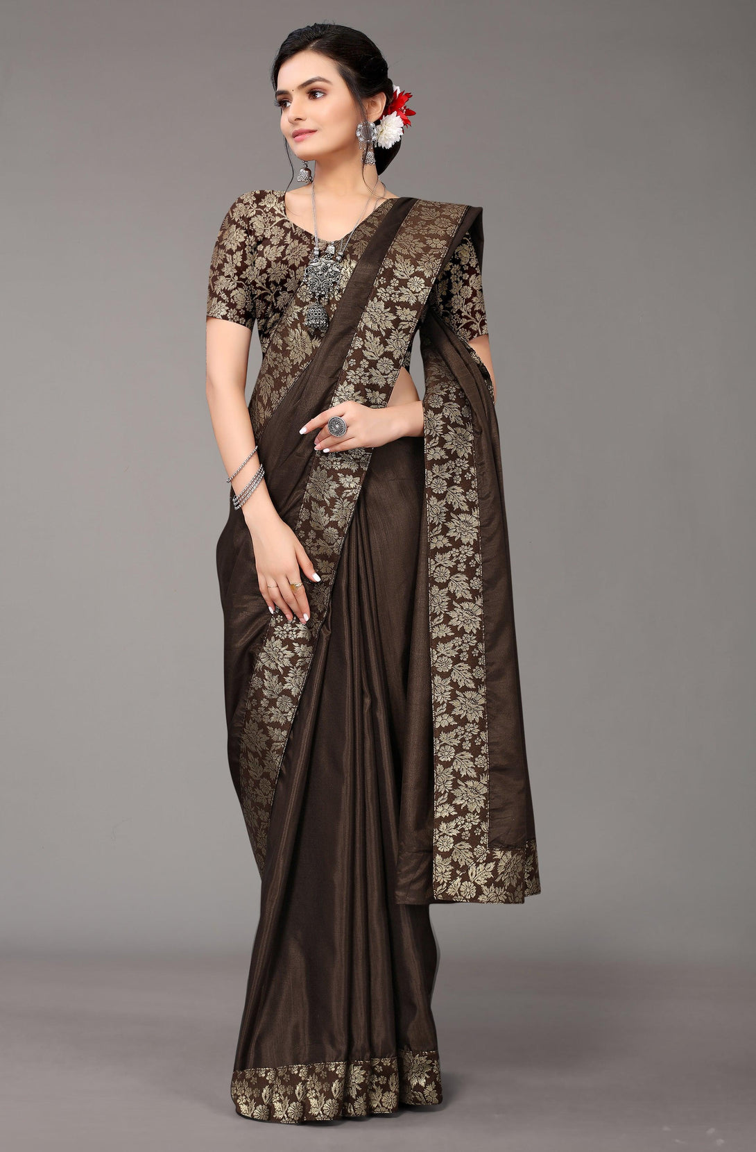 Brown Silk Saree with Woven Border - Indiakreations