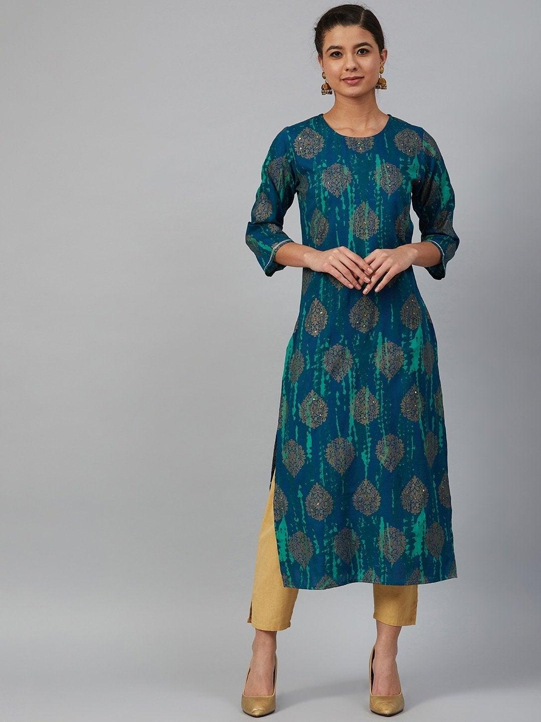 Women's Navy Blue & Green Printed Straight Kurta - Meeranshi - Indiakreations