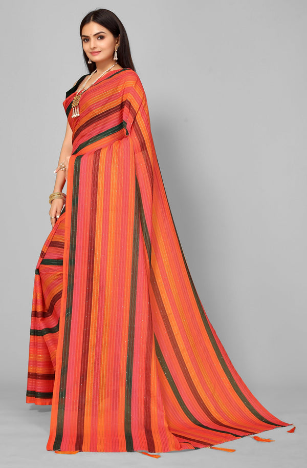 Striped Sequin Saree in Orange - Indiakreations