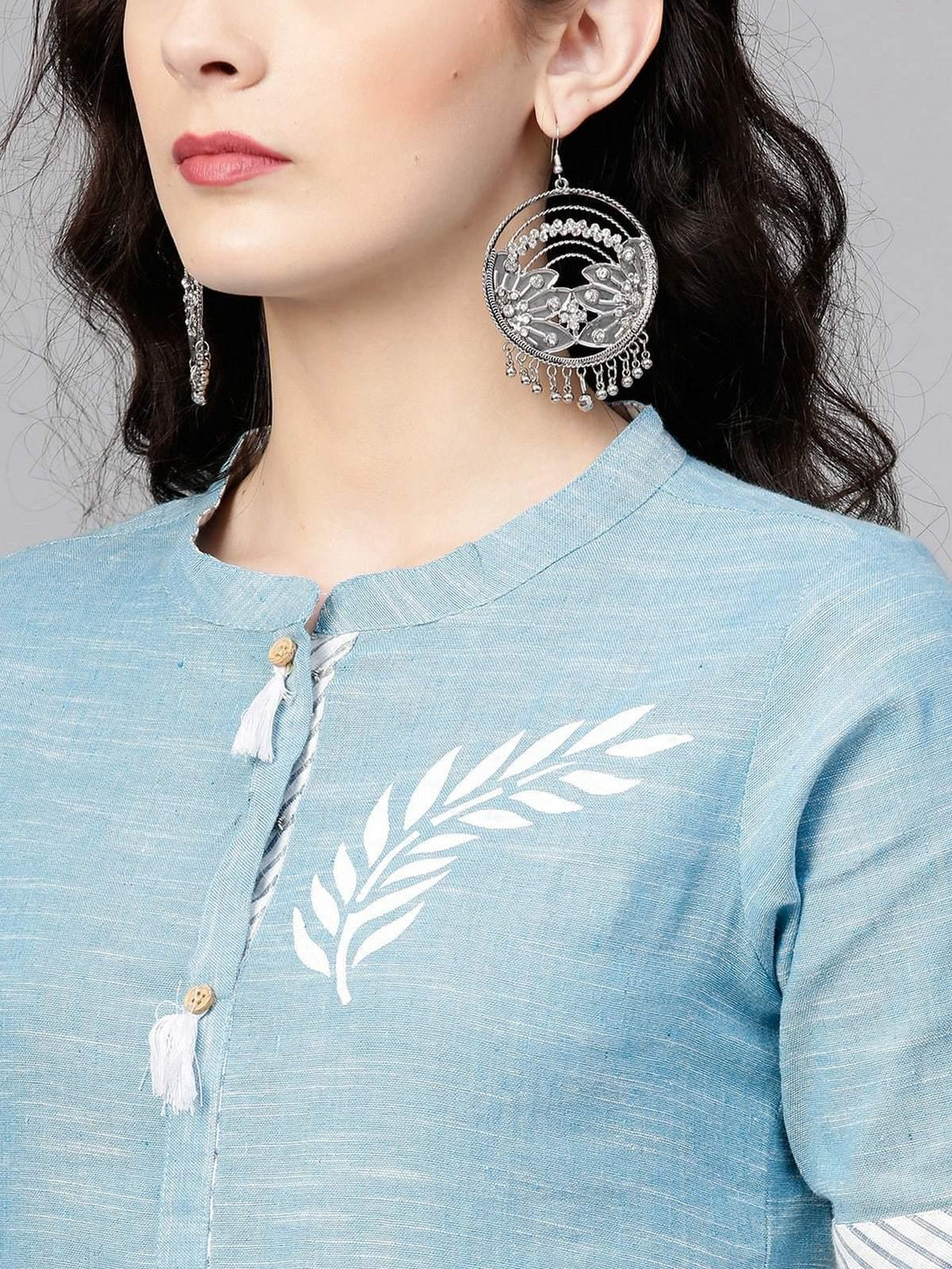 Women's Blue Front Tassel Printed Chambray Kurta - Pannkh - Indiakreations