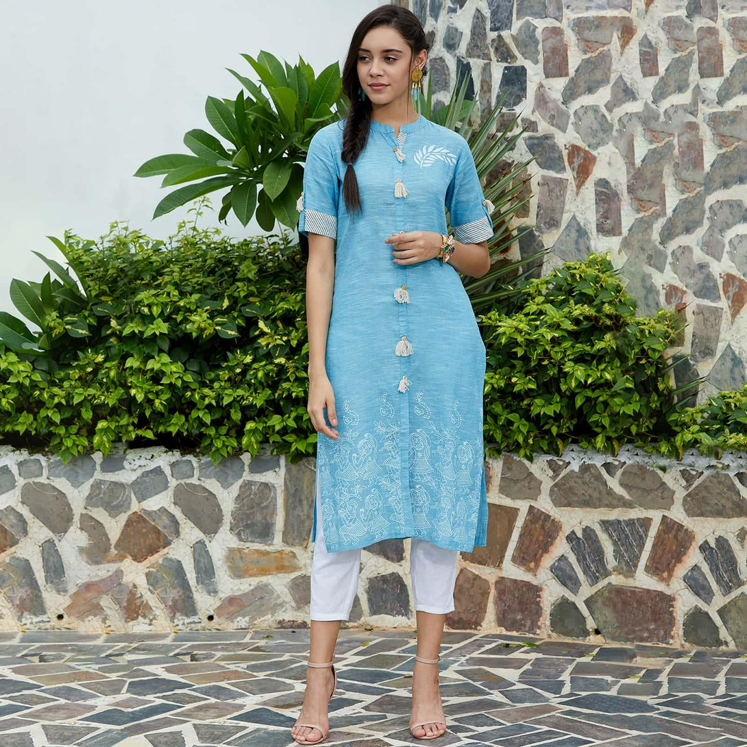 Women's Blue Front Tassel Printed Chambray Kurta - Pannkh - Indiakreations