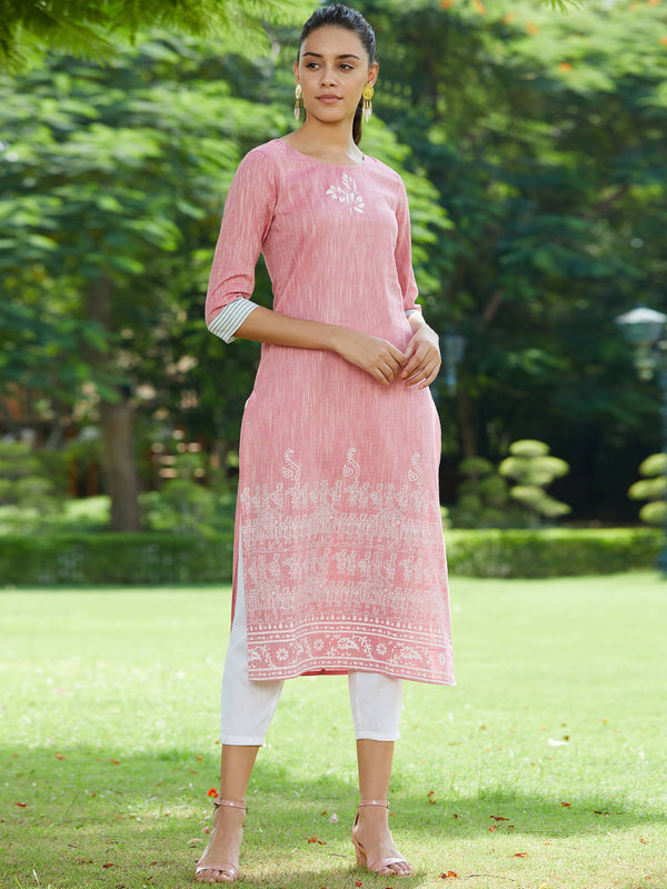 Women's Pink Madhubani Block Printed Chambray Kurta - Pannkh