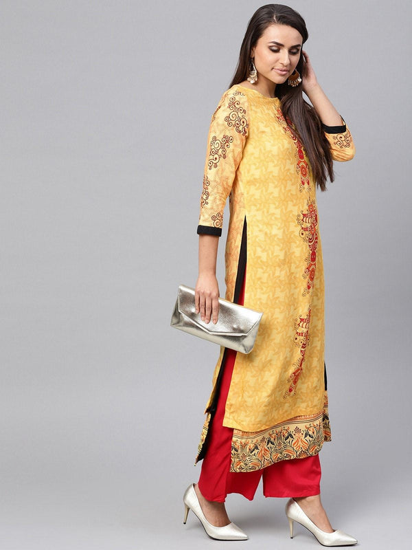 Women's Tribal Print Placement Straight Double Layer Kurta - Pannkh